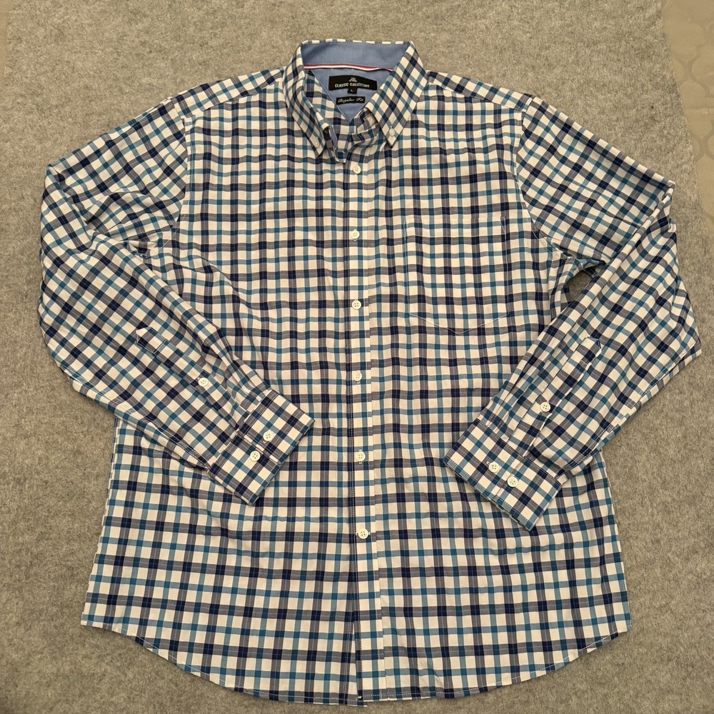 Classic Collection Men's Classic Plaid Button Down Shirt Blue & White Size L